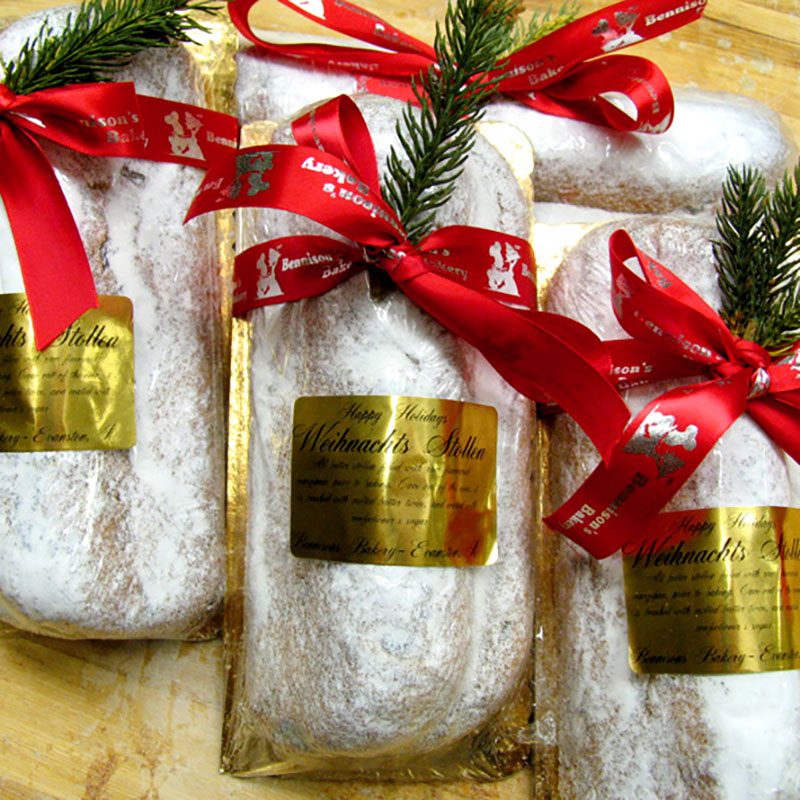 bennisons-bakery-christmas-stollen Picture of christmas stollen inside a bag with a red bow